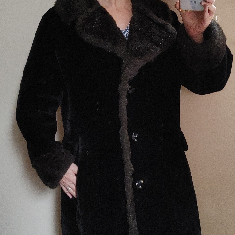 Vtg Black Faux Fur Long Coat Size 10
